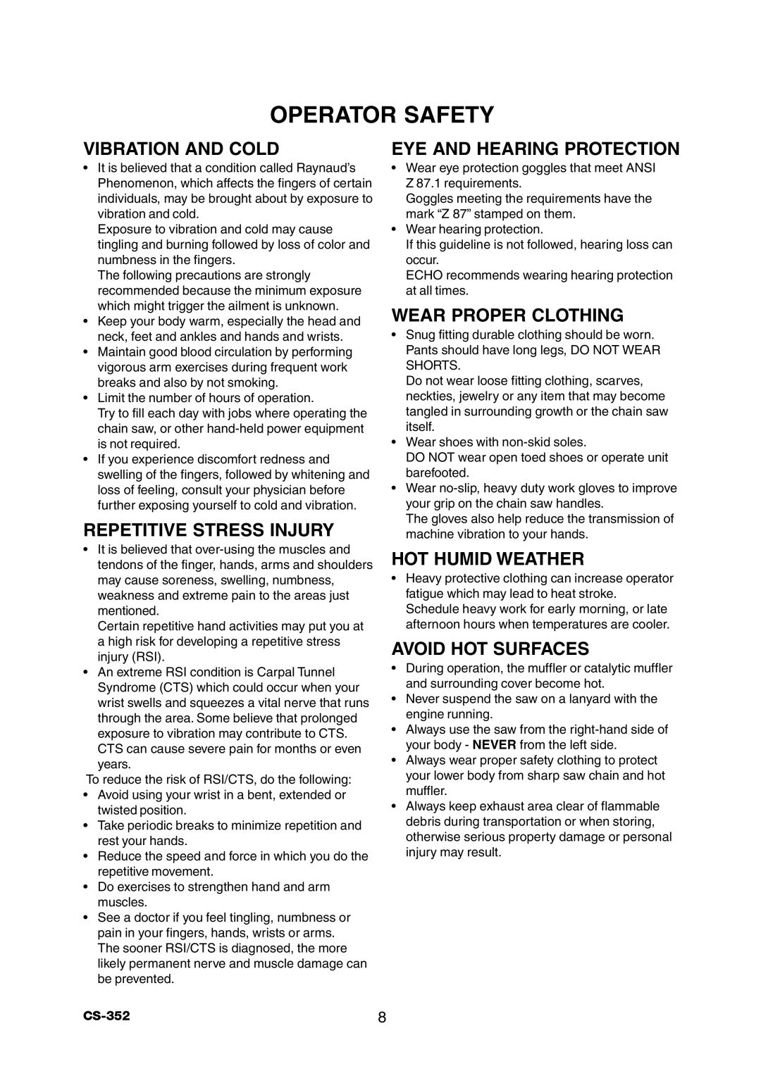 Echo CS-352 instruction manual Operator Safety 