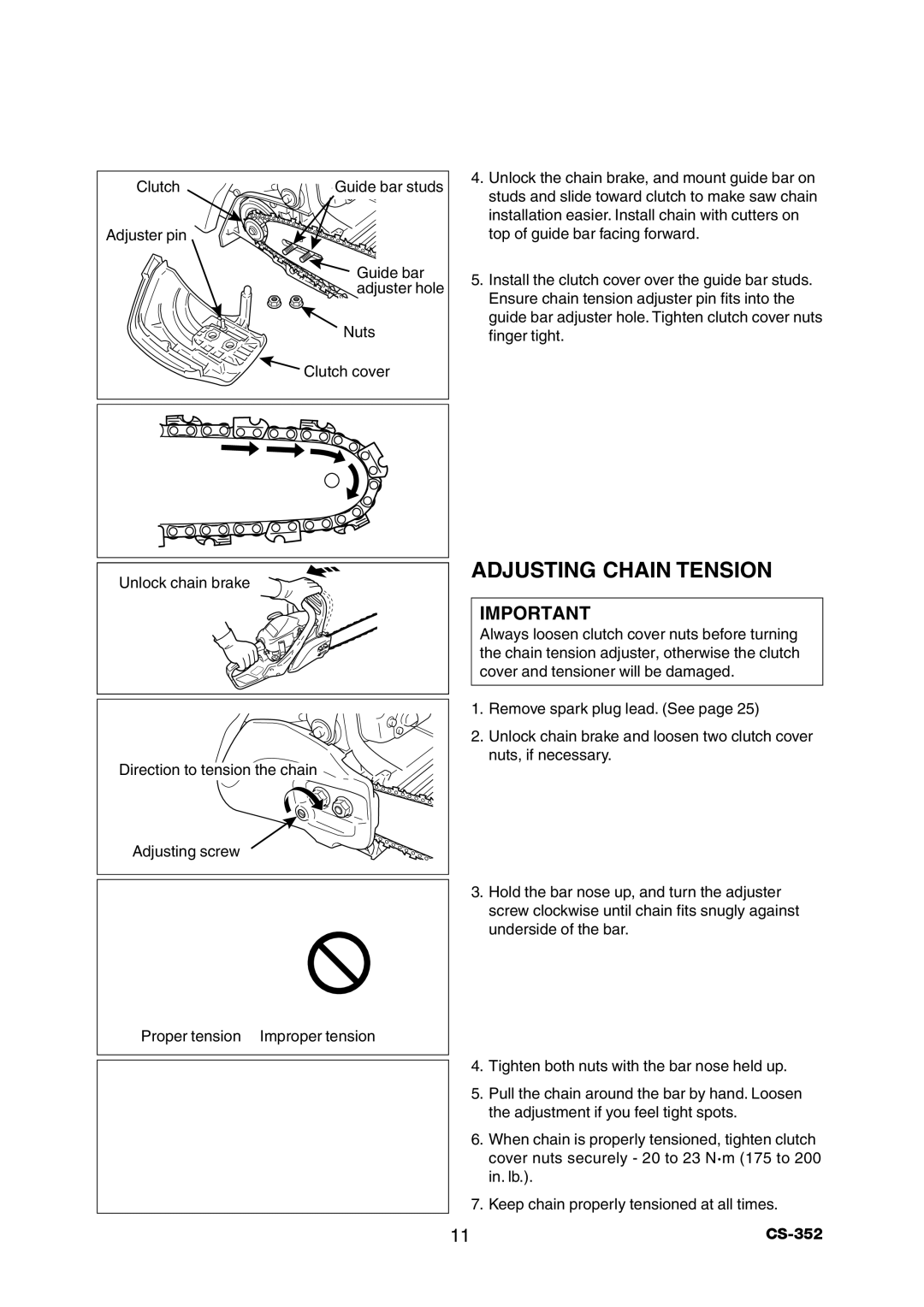 Echo CS-352 instruction manual Adjusting Chain Tension 