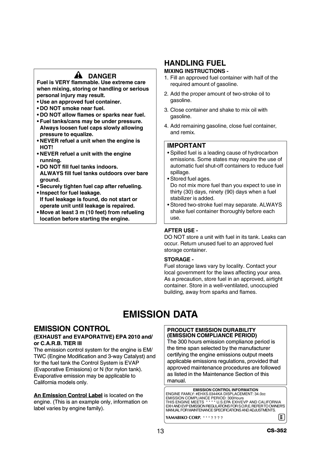 Echo CS-352 instruction manual Emission Data, Handling Fuel, Emission Control 