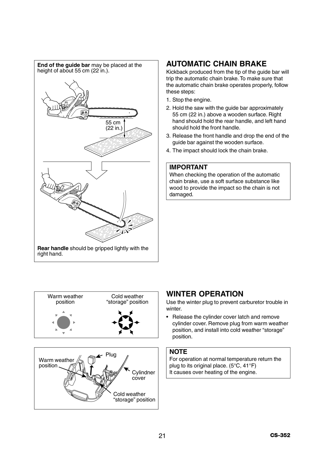 Echo CS-352 instruction manual Automatic Chain Brake, Winter Operation 