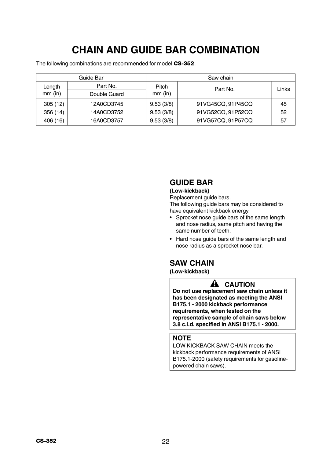 Echo CS-352 instruction manual Chain and Guide BAR Combination, SAW Chain 