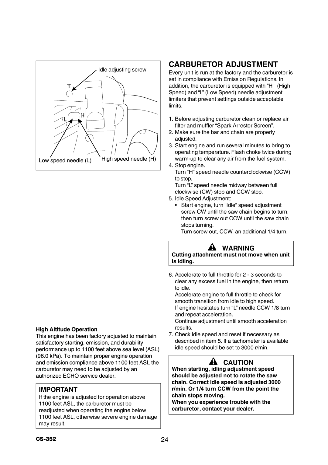 Echo CS-352 instruction manual Carburetor Adjustment, High Altitude Operation 