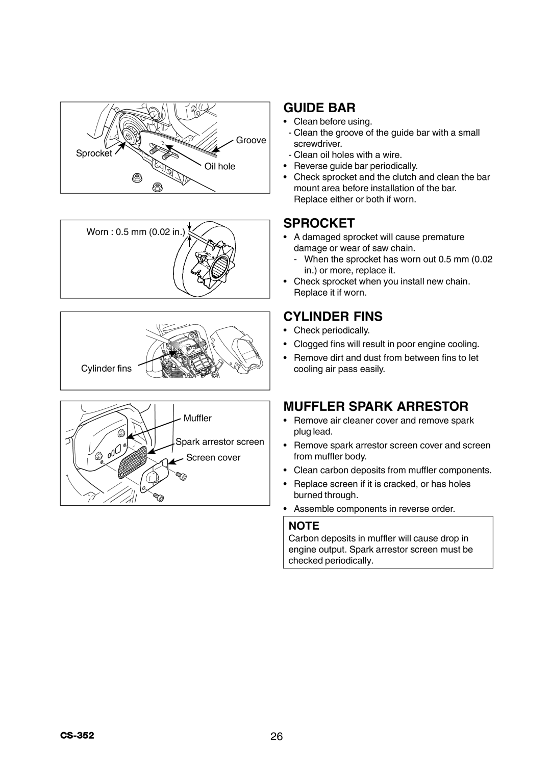 Echo CS-352 instruction manual Sprocket, Cylinder Fins, Muffler Spark Arrestor 