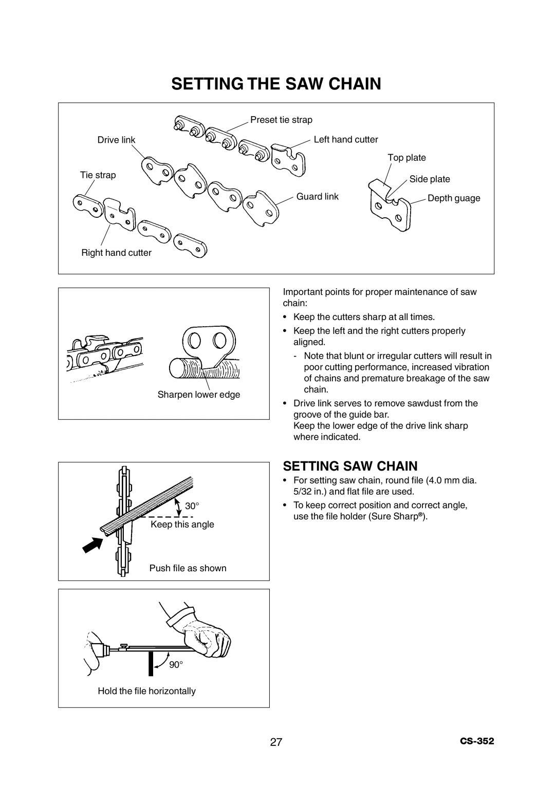 Echo CS-352 instruction manual Setting the SAW Chain, Setting SAW Chain 