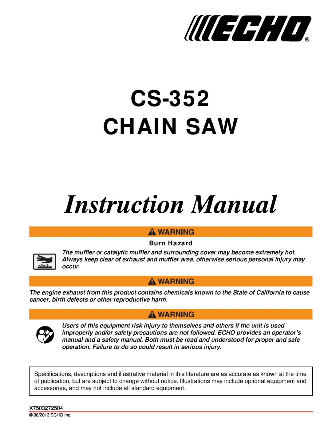 Echo instruction manual Failure to do so could result in serious injury, INSTRUCTION MANUAL CHAIN SAW CS-352 