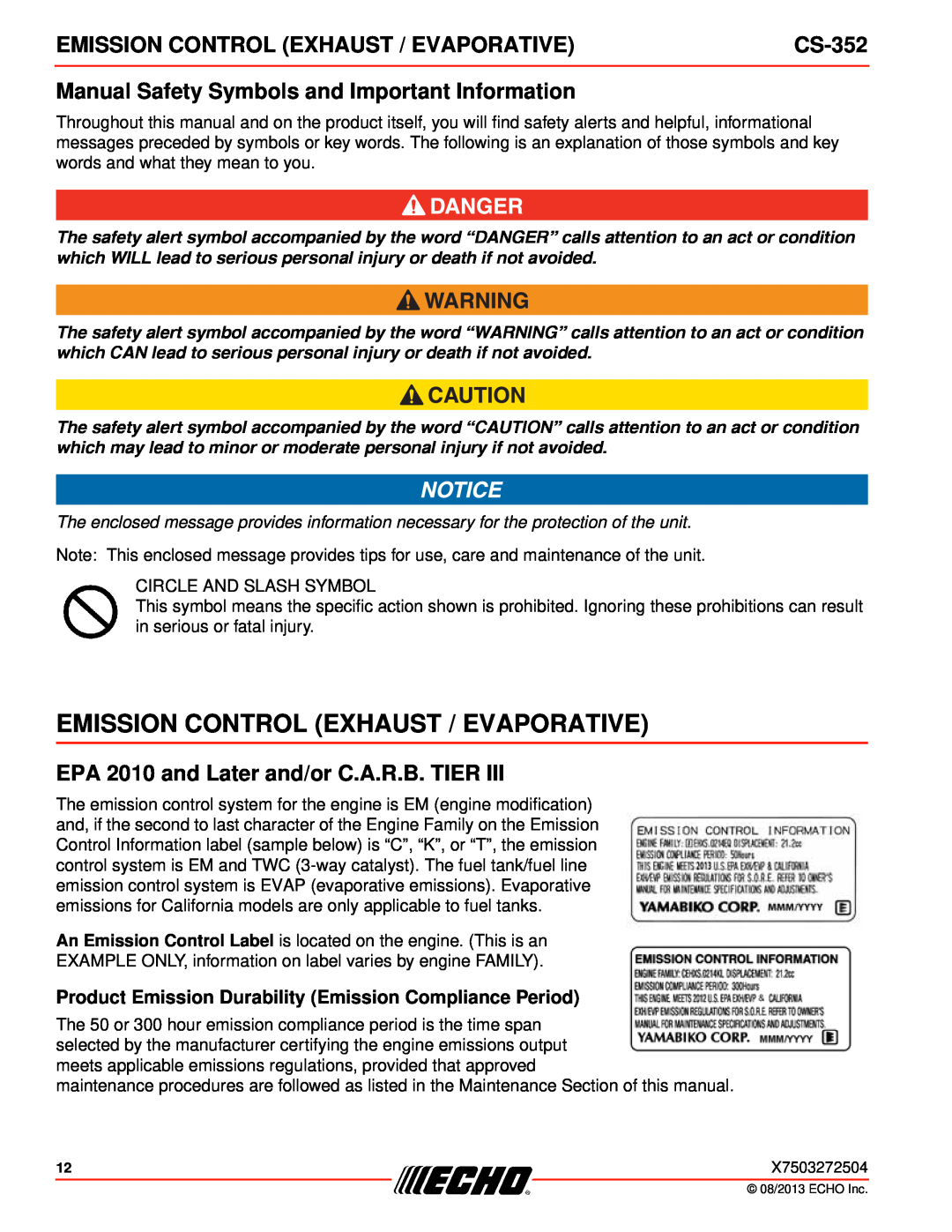 Echo CS-352 instruction manual Emission Control Exhaust / Evaporative, Manual Safety Symbols and Important Information 