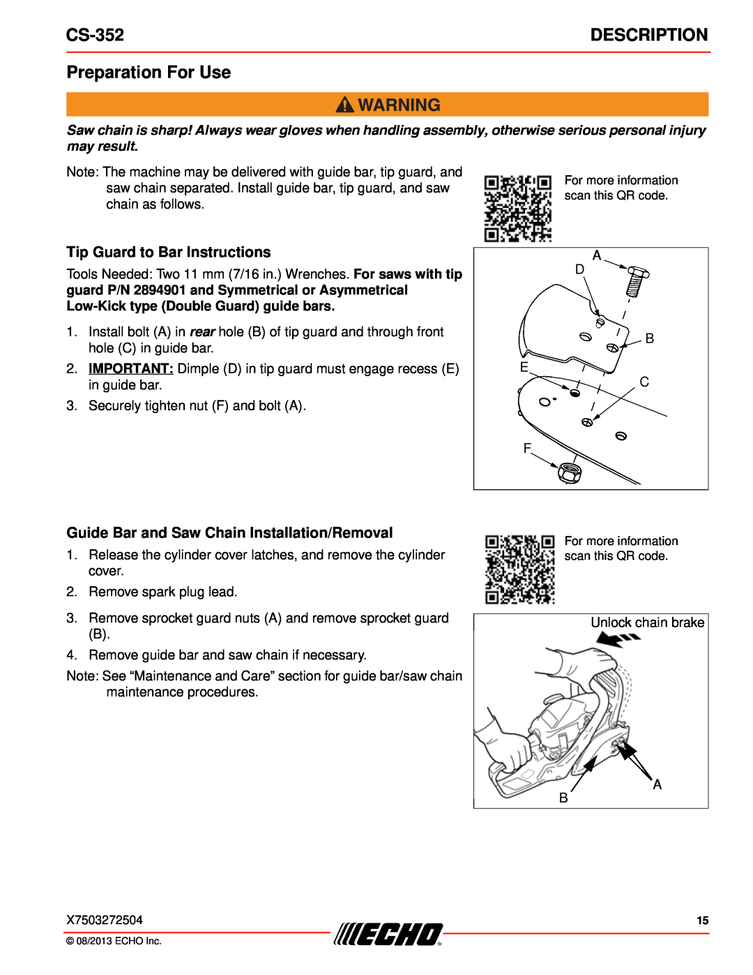 Echo CS-352 Preparation For Use, Tip Guard to Bar Instructions, Guide Bar and Saw Chain Installation/Removal, Description 