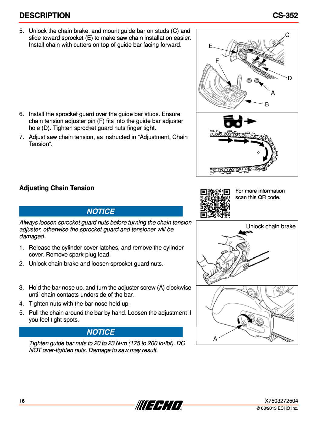 Echo CS-352 instruction manual Adjusting Chain Tension, Description 