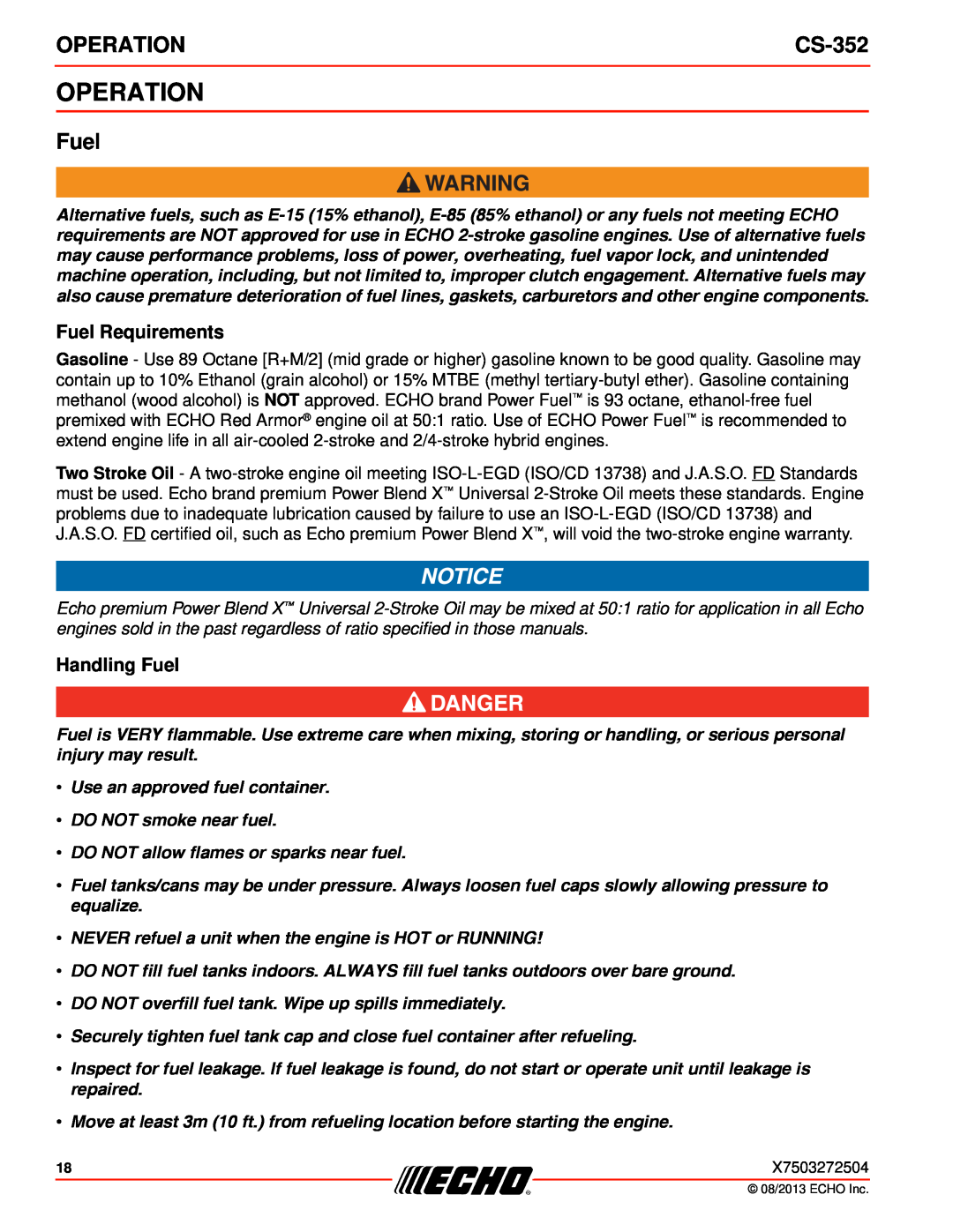 Echo CS-352 instruction manual Operation, Fuel Requirements, Handling Fuel 