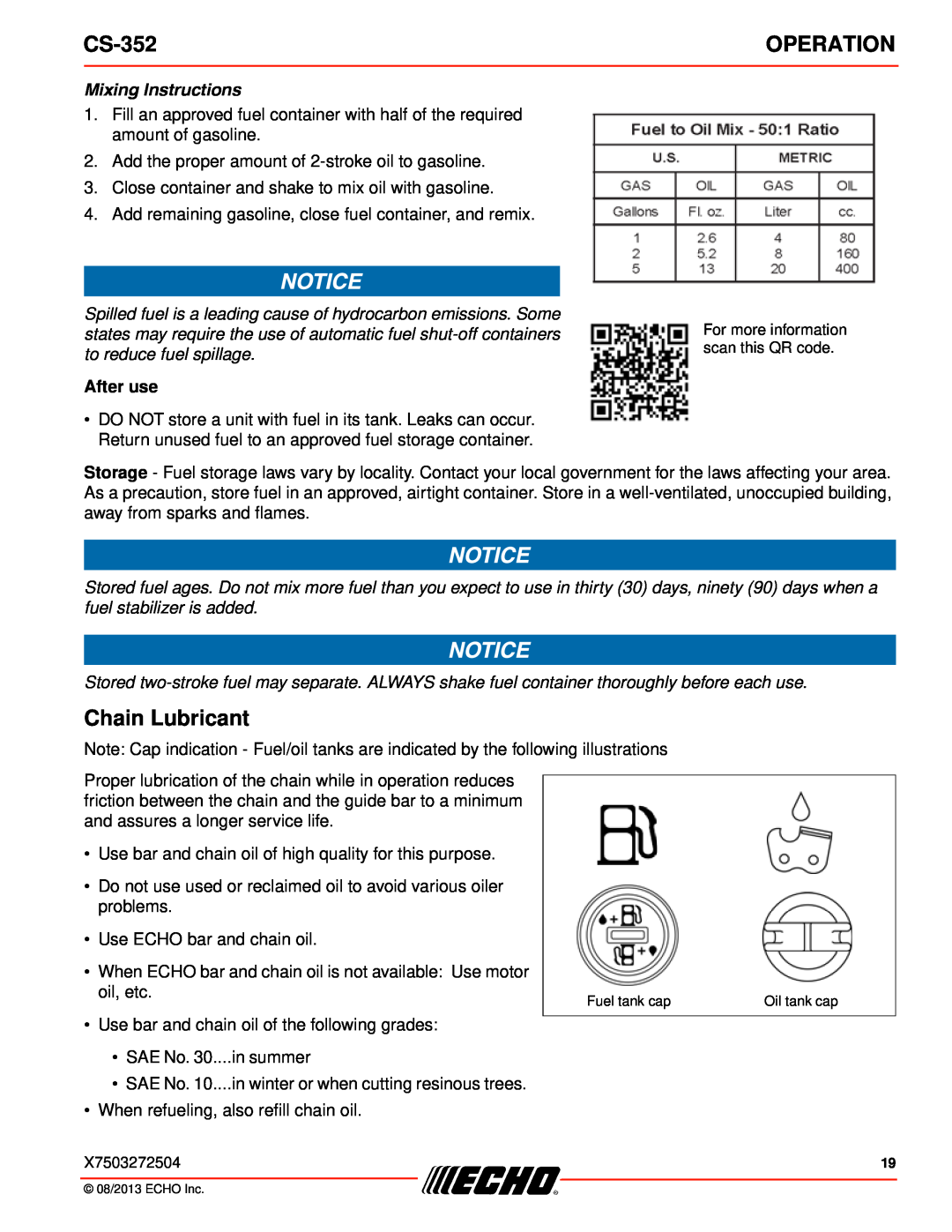 Echo CS-352 instruction manual Chain Lubricant, After use, Operation, Mixing Instructions 