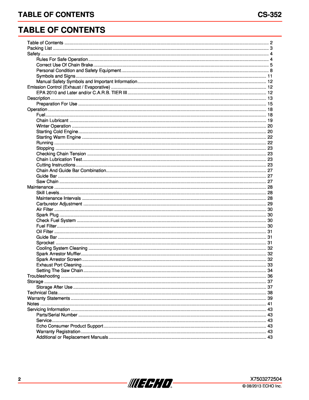 Echo CS-352 instruction manual Table Of Contents 