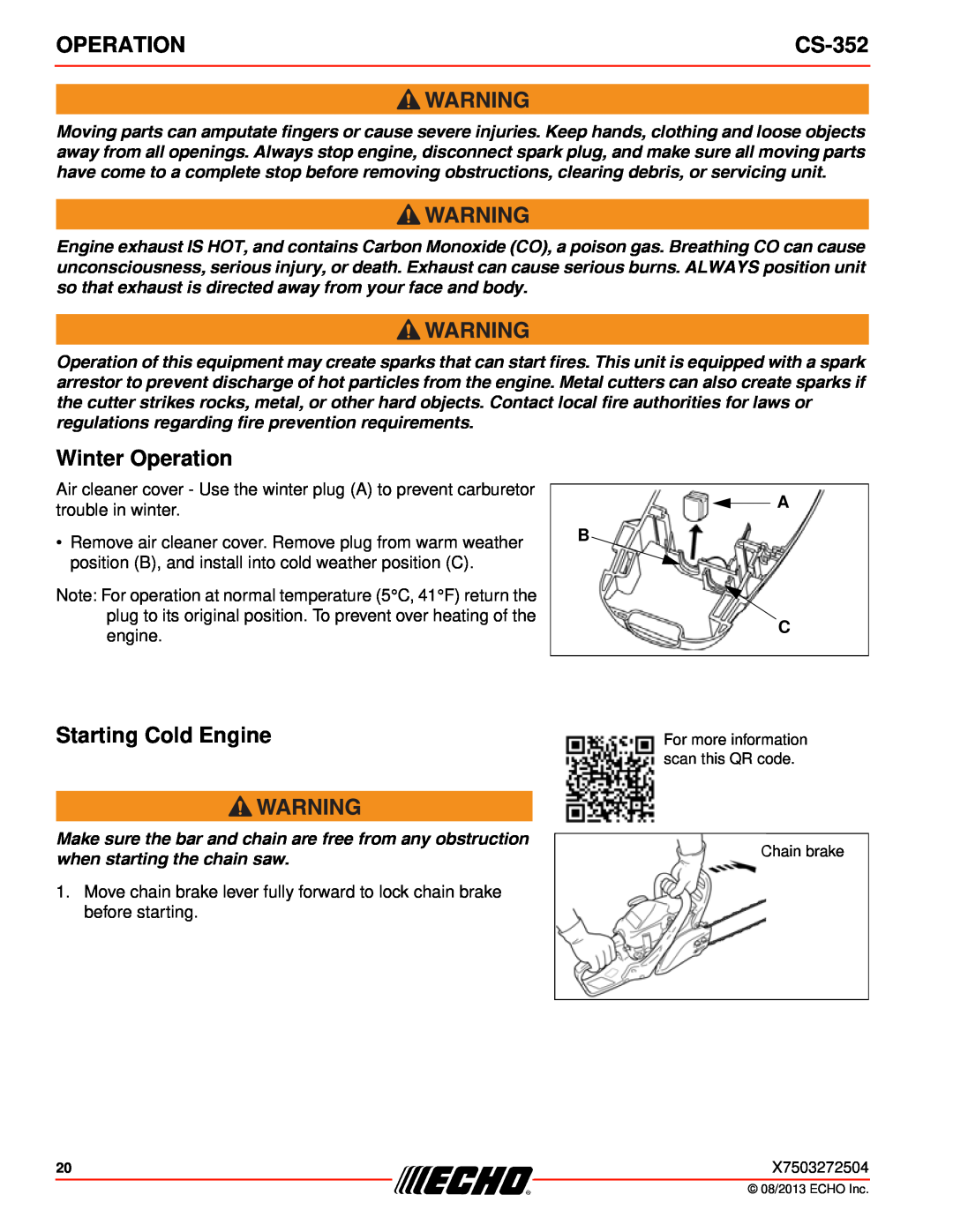 Echo CS-352 instruction manual Winter Operation, Starting Cold Engine, For more information scan this QR code Chain brake 