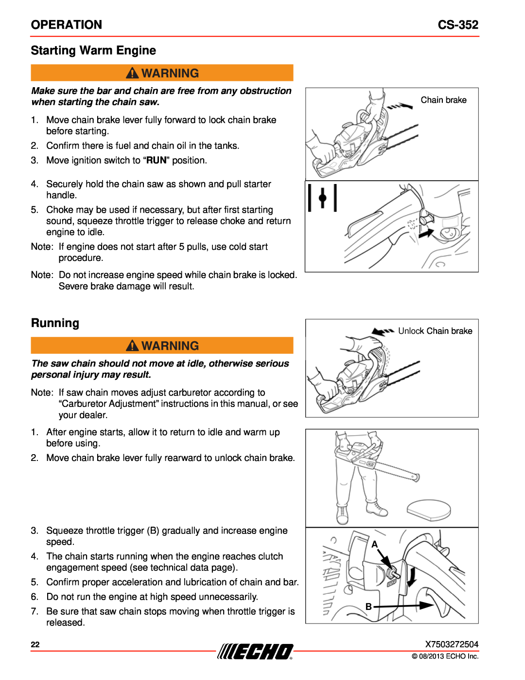 Echo CS-352 instruction manual Starting Warm Engine, Running, Operation 