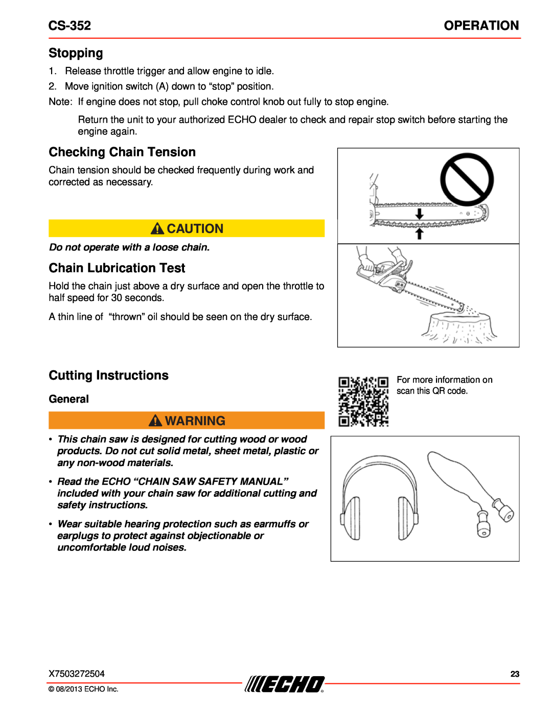 Echo CS-352 Stopping, Checking Chain Tension, Chain Lubrication Test, Cutting Instructions, General, Operation 