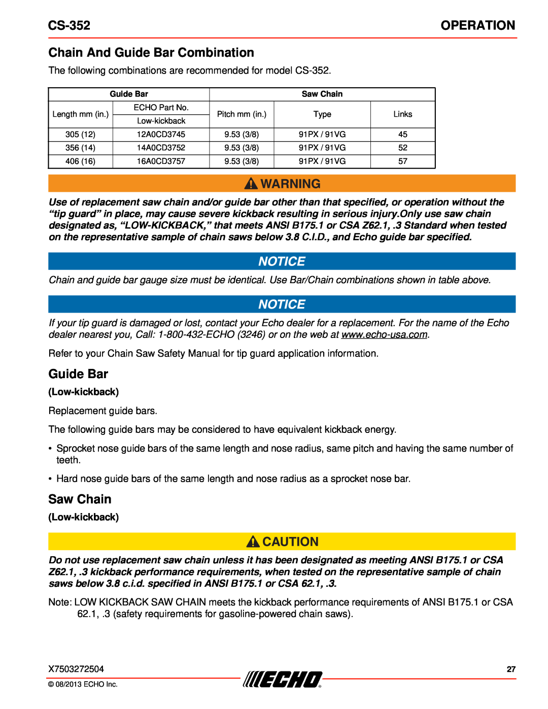 Echo CS-352 instruction manual Chain And Guide Bar Combination, Saw Chain, Low-kickback, Operation 