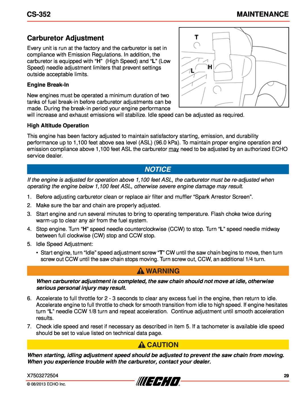 Echo CS-352 instruction manual Carburetor Adjustment, Engine Break-In, High Altitude Operation, Maintenance 