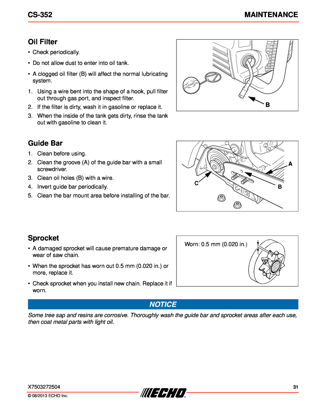 Echo CS-352 instruction manual Oil Filter, Sprocket, Maintenance, Guide Bar 