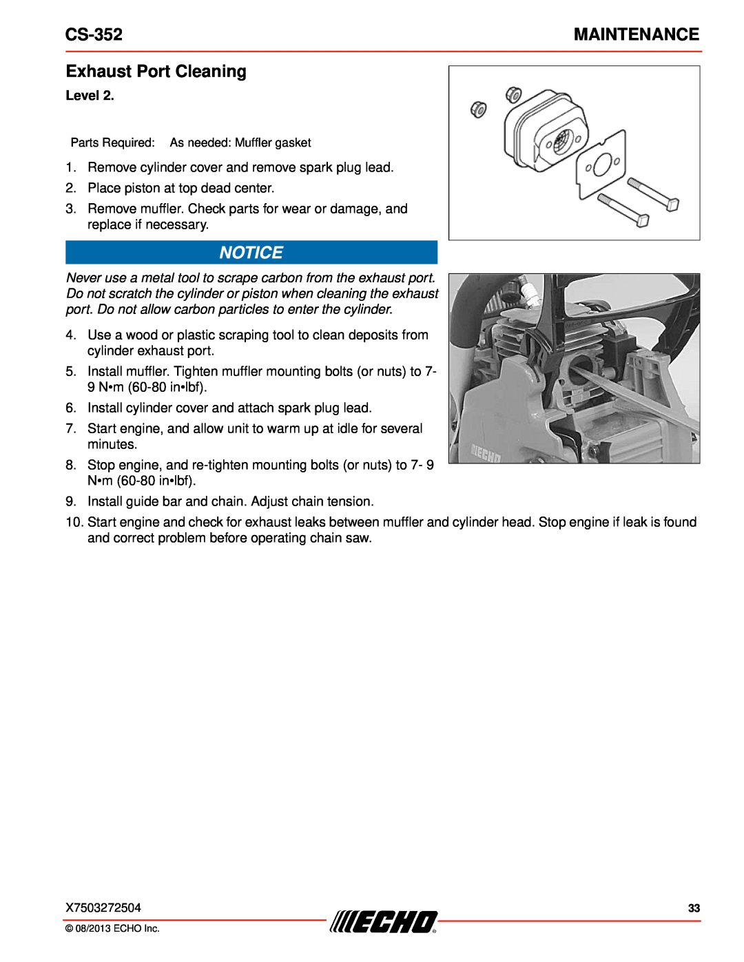 Echo CS-352 instruction manual Exhaust Port Cleaning, Level, Maintenance 