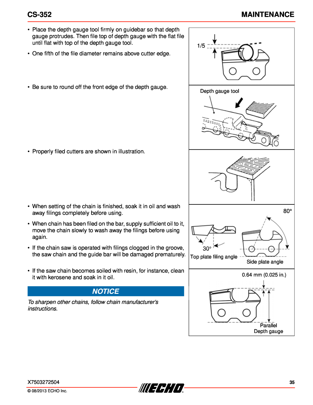 Echo CS-352 instruction manual To sharpen other chains, follow chain manufacturer’s instructions, Maintenance 