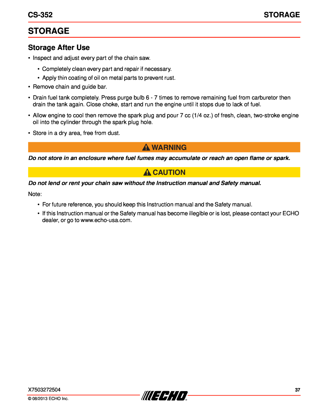 Echo CS-352 instruction manual Storage After Use 