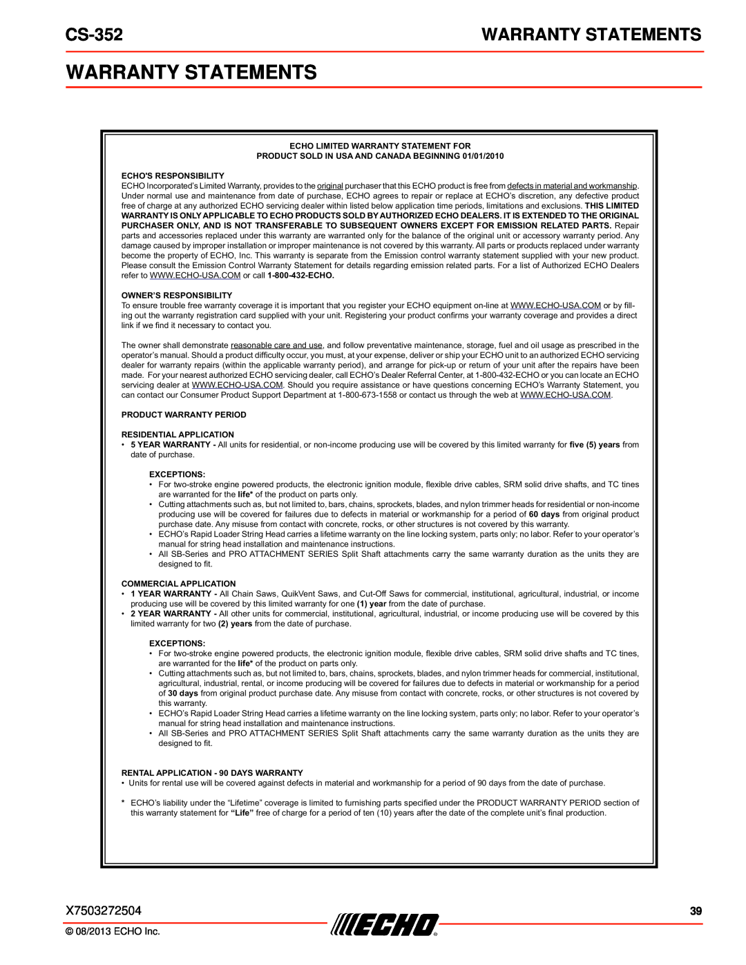 Echo CS-352 Warranty Statements, Echo Limited Warranty Statement For, PRODUCT SOLD IN USA AND CANADA BEGINNING 01/01/2010 