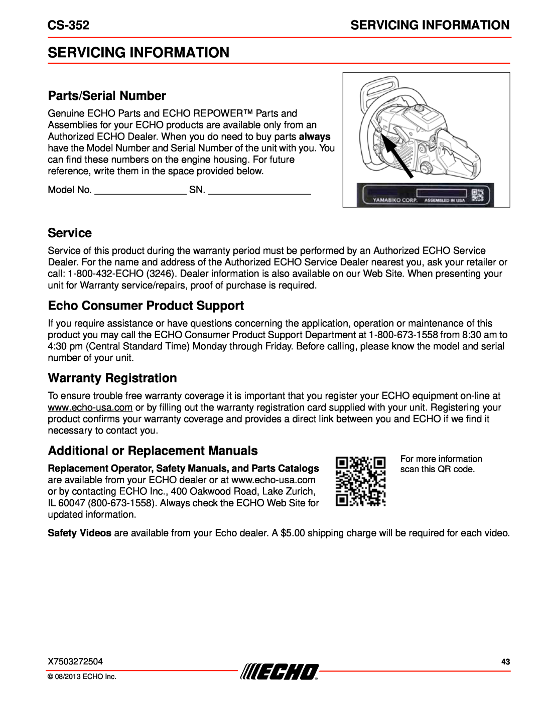 Echo CS-352 Servicing Information, Parts/Serial Number, Service, Echo Consumer Product Support, Warranty Registration 