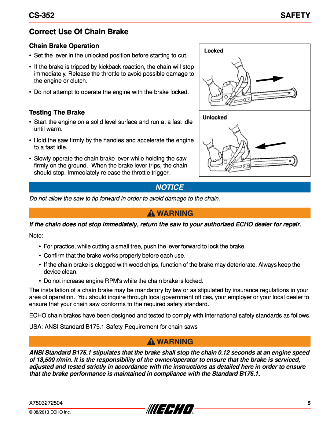 Echo CS-352 instruction manual Correct Use Of Chain Brake, Safety, Chain Brake Operation, Testing The Brake 