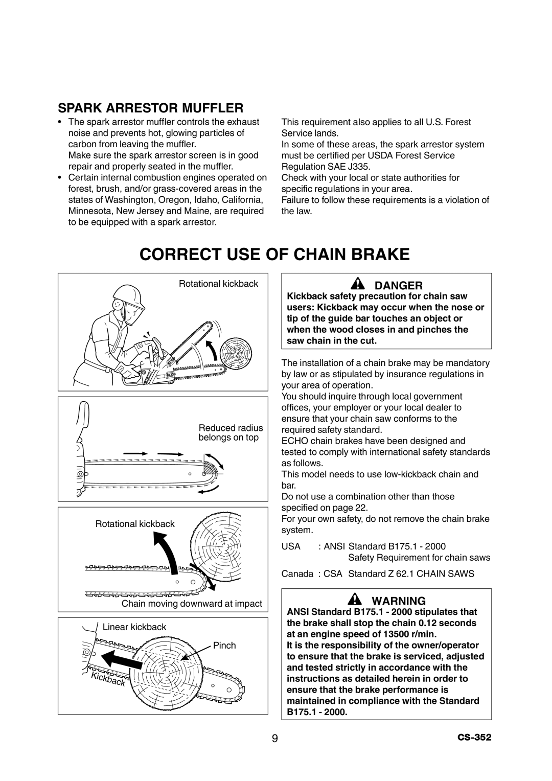 Echo CS-352 instruction manual Correct Use Of Chain Brake, Spark Arrestor Muffler, Danger 
