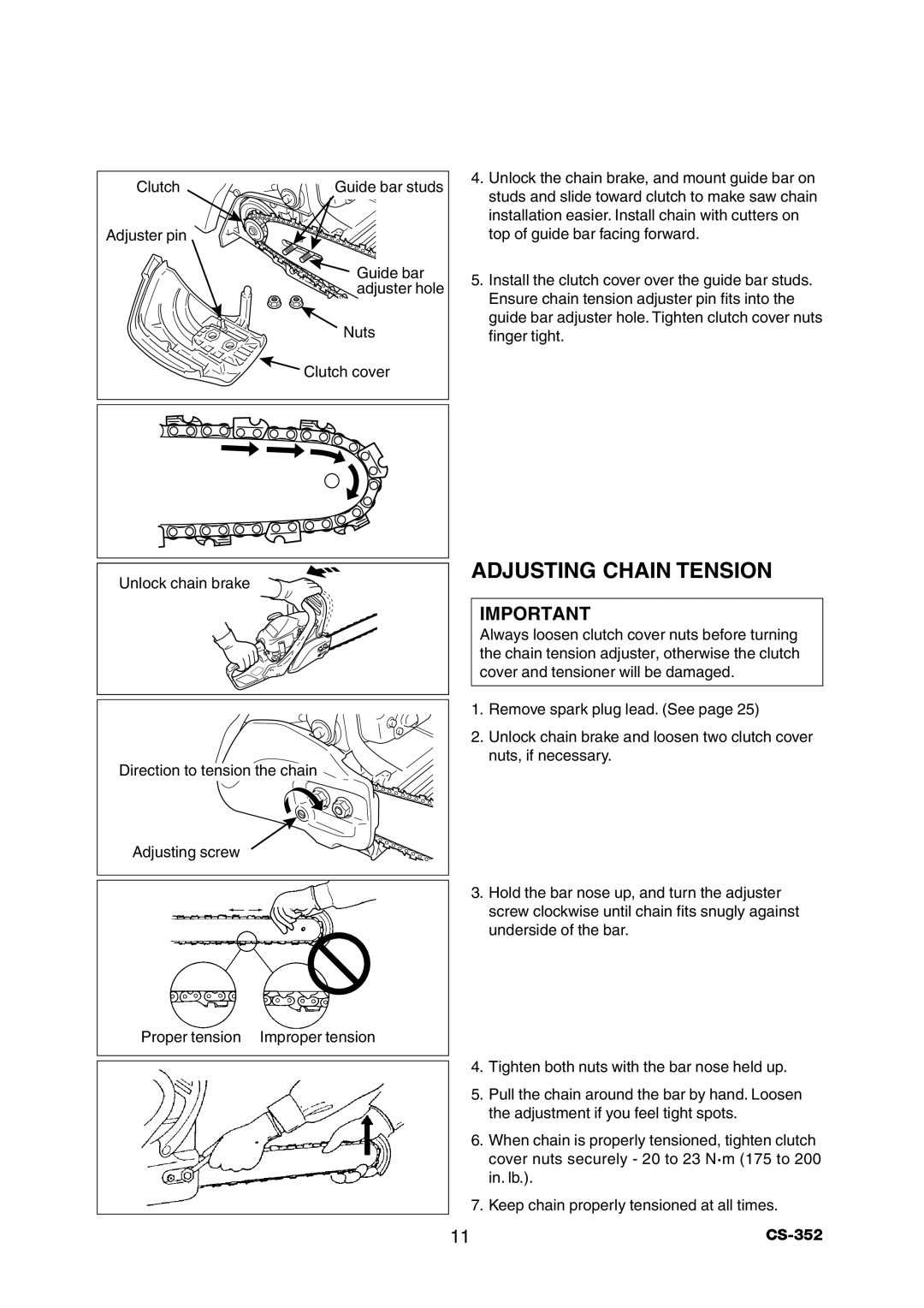 Echo CS-352 instruction manual Adjusting Chain Tension 