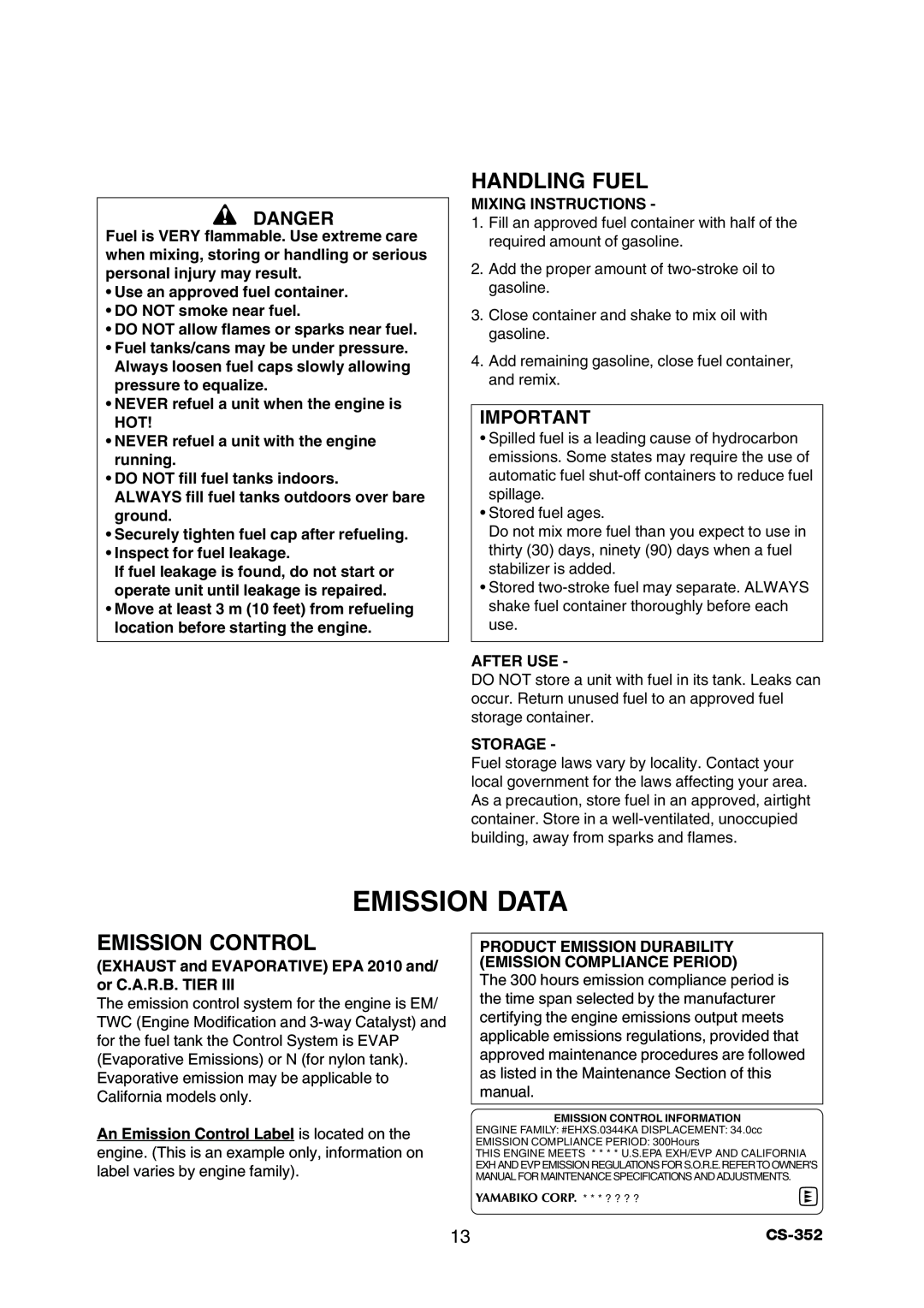 Echo CS-352 instruction manual Emission Data, Handling Fuel, Emission Control, Danger 