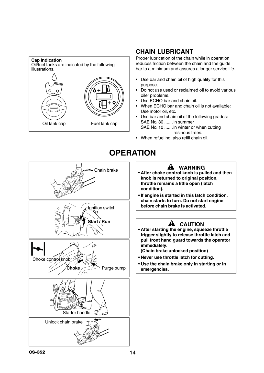 Echo CS-352 instruction manual Operation, Chain Lubricant 