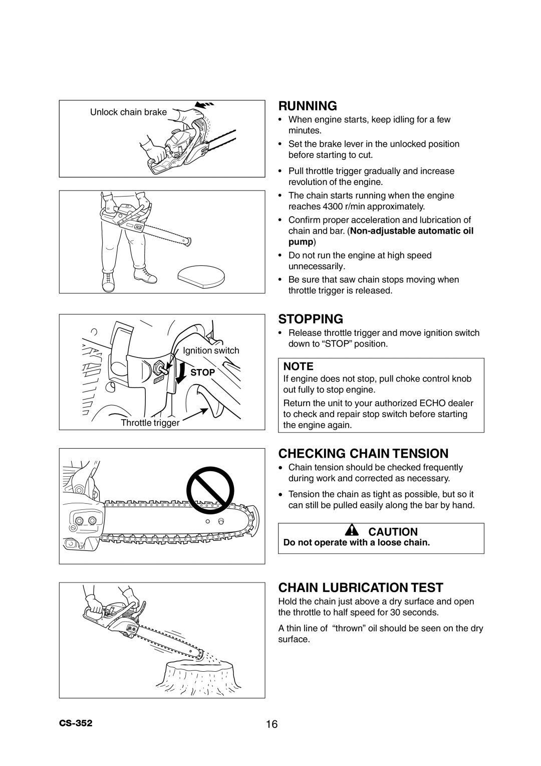 Echo CS-352 instruction manual Running, Stopping, Checking Chain Tension, Chain Lubrication Test 