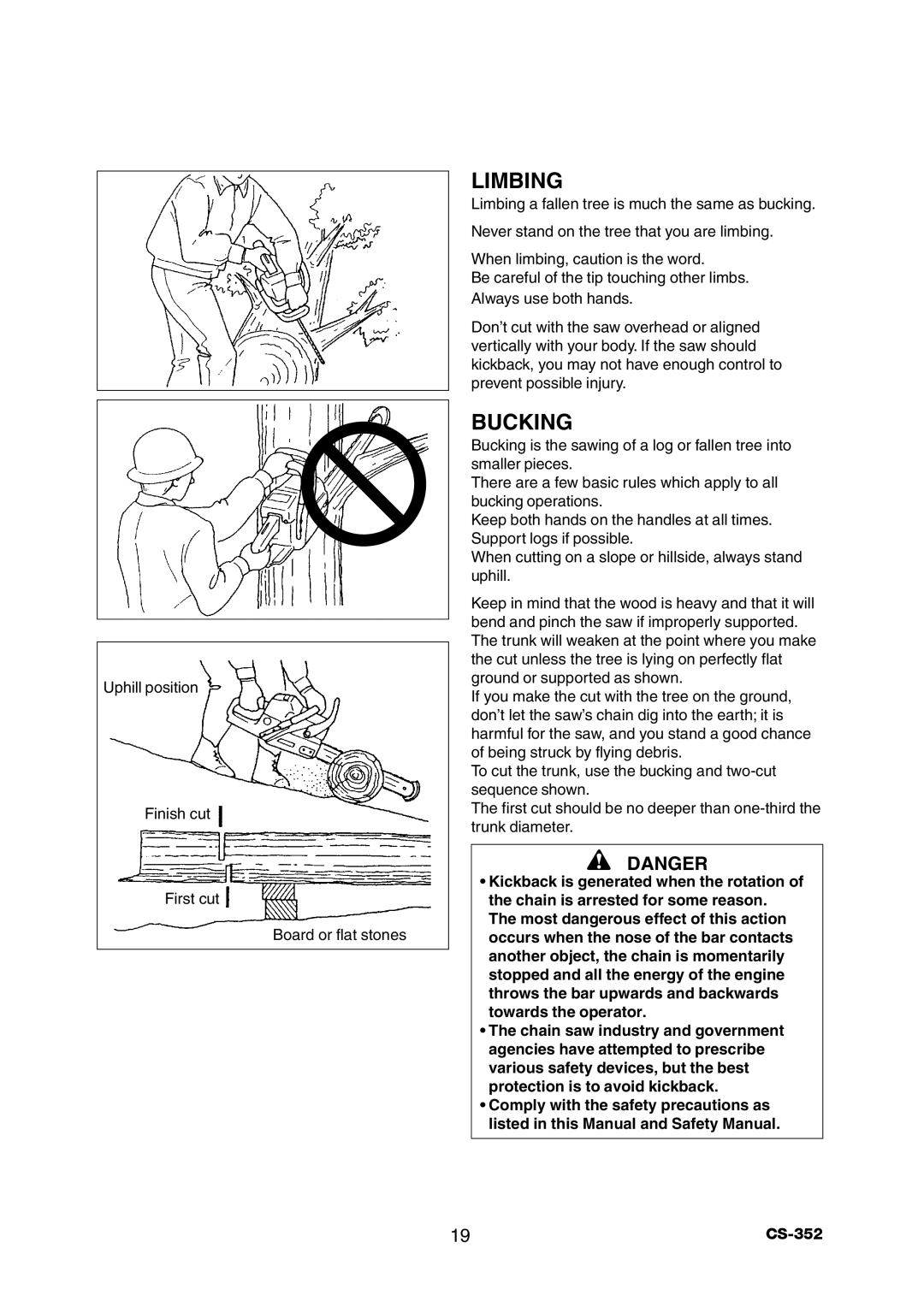 Echo CS-352 instruction manual Limbing, Bucking, Danger 