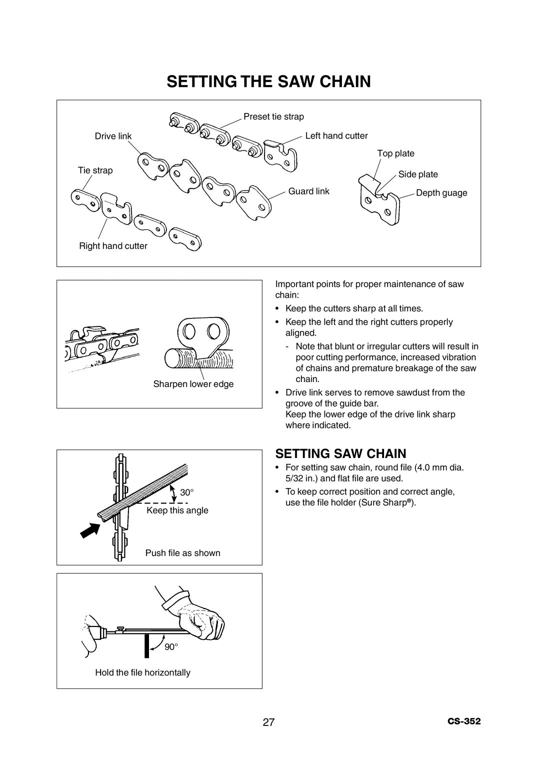 Echo CS-352 instruction manual Setting The Saw Chain, Setting Saw Chain 