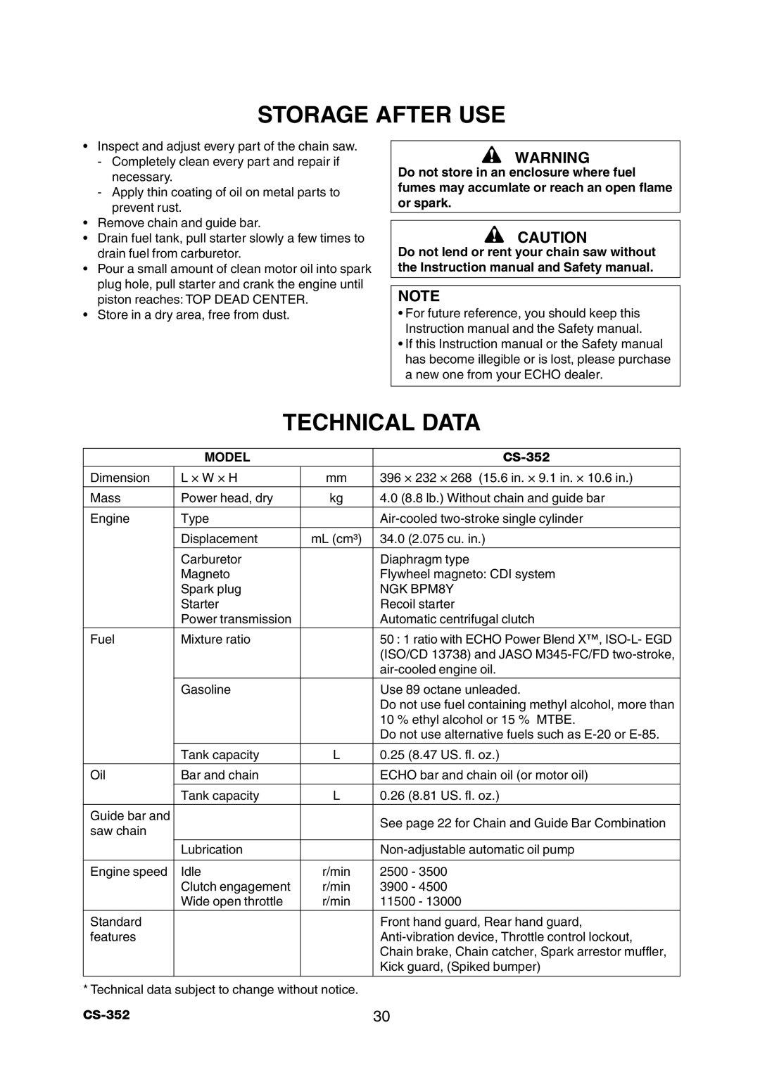Echo CS-352 instruction manual Storage After Use, Technical Data 
