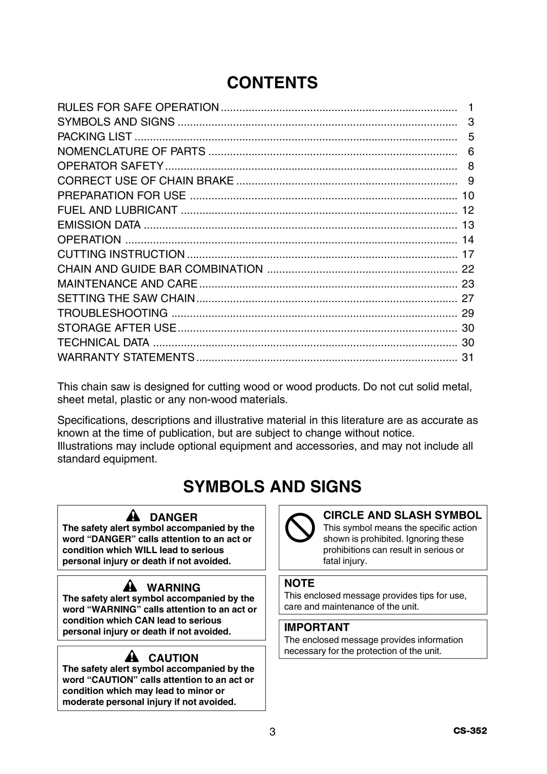 Echo CS-352 instruction manual Contents, Symbols And Signs, Danger, Circle And Slash Symbol 