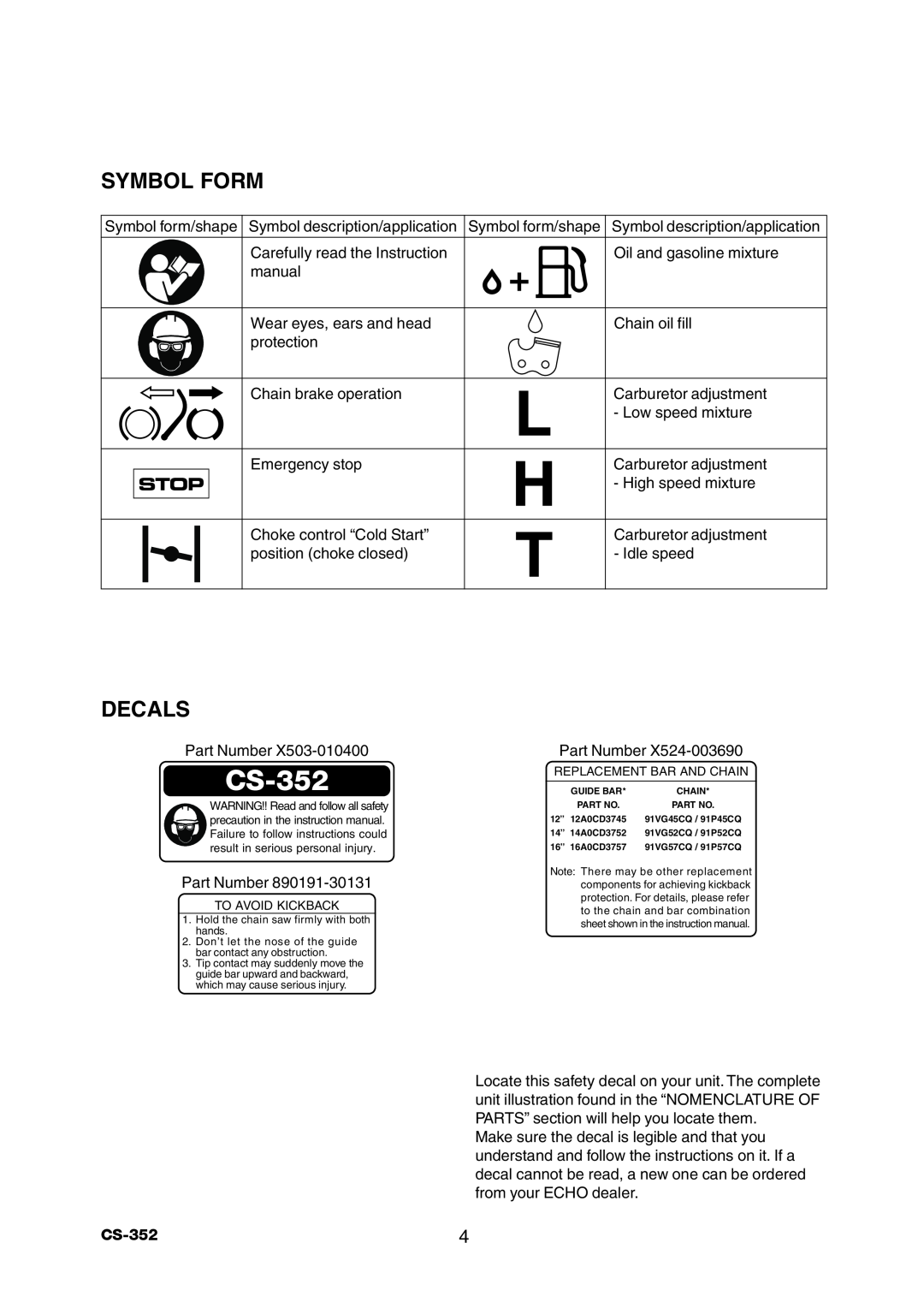 Echo CS-352 instruction manual Symbol Form, Decals, Stop 