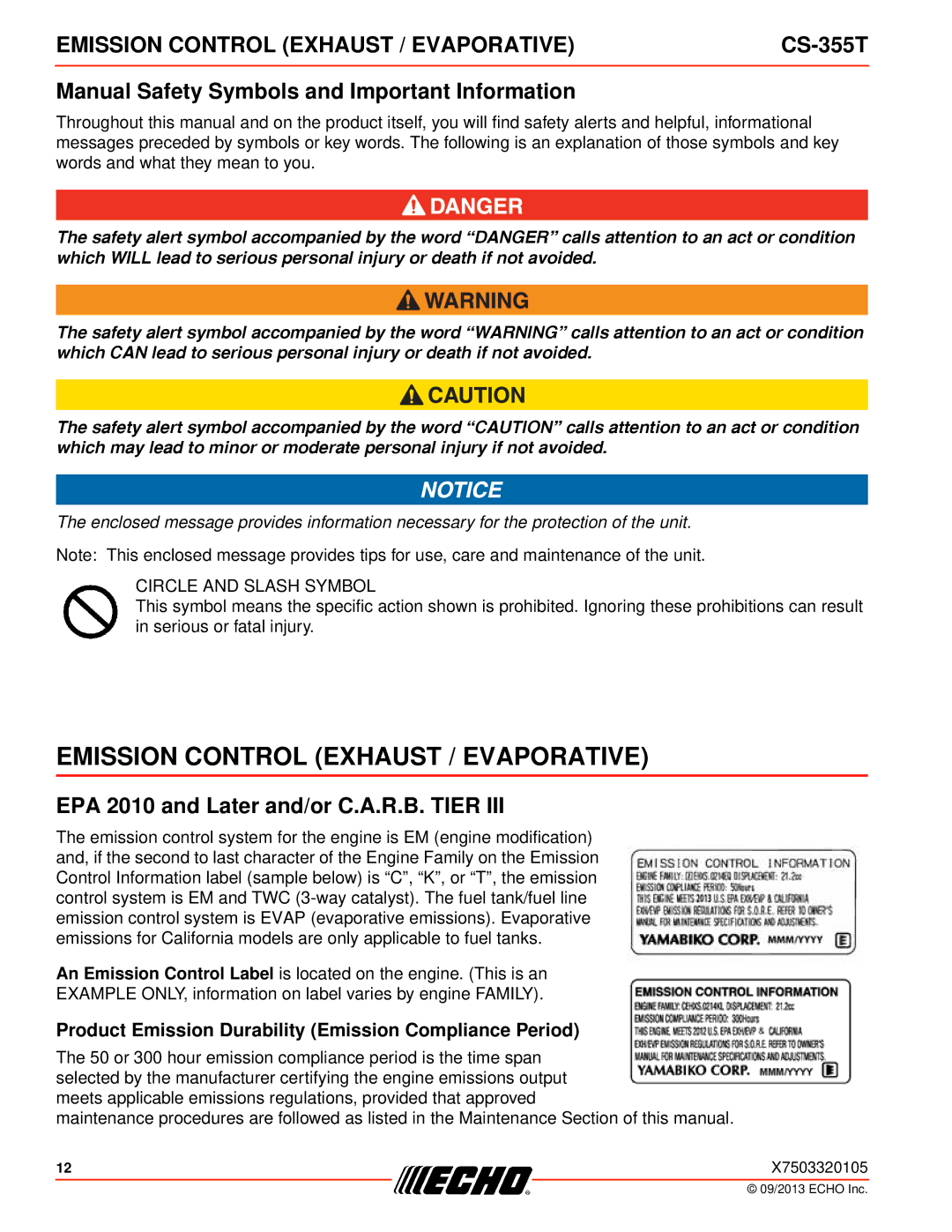 Echo CS-355T instruction manual Emission Control Exhaust / Evaporative, Manual Safety Symbols and Important Information 