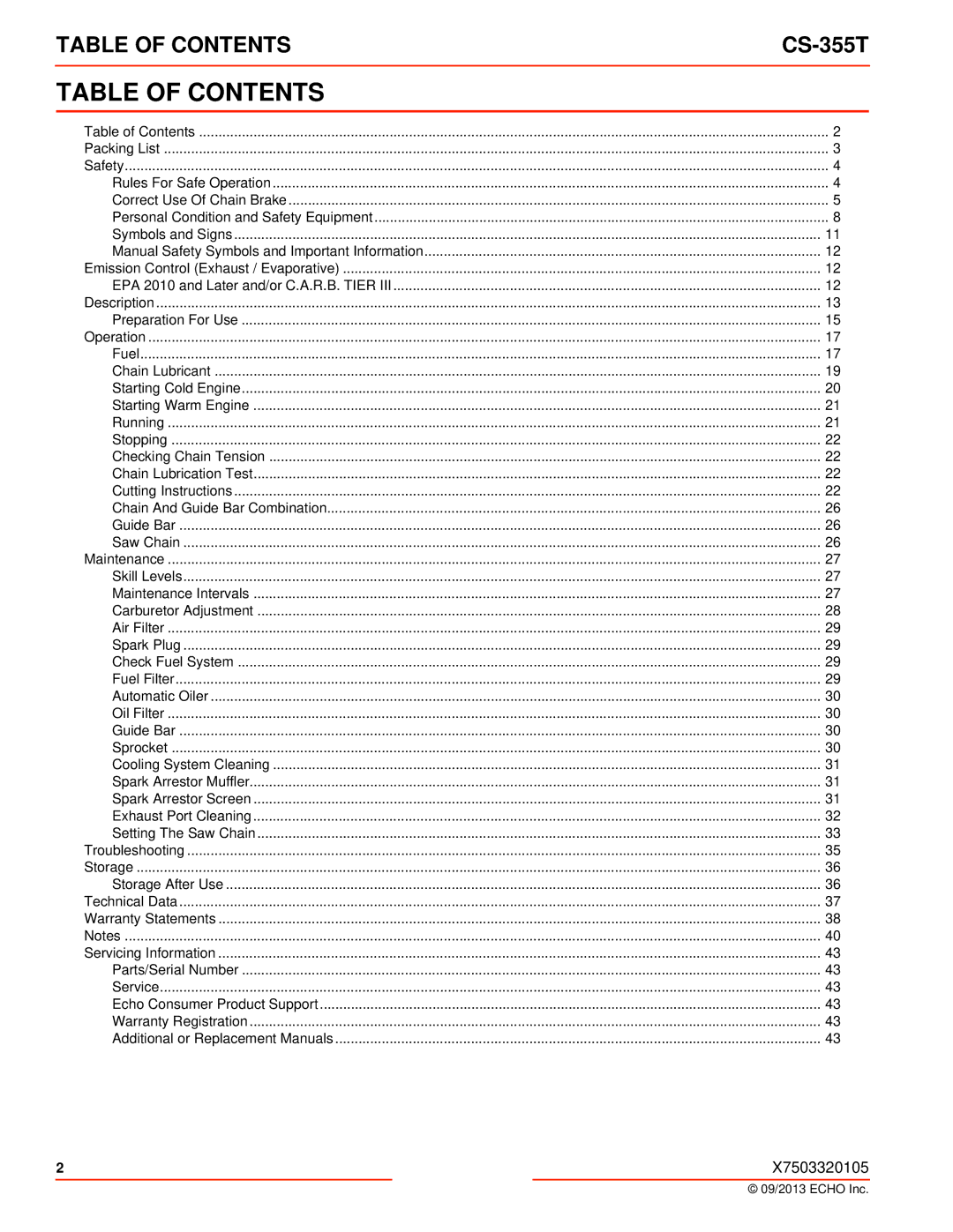 Echo CS-355T instruction manual Table of Contents 