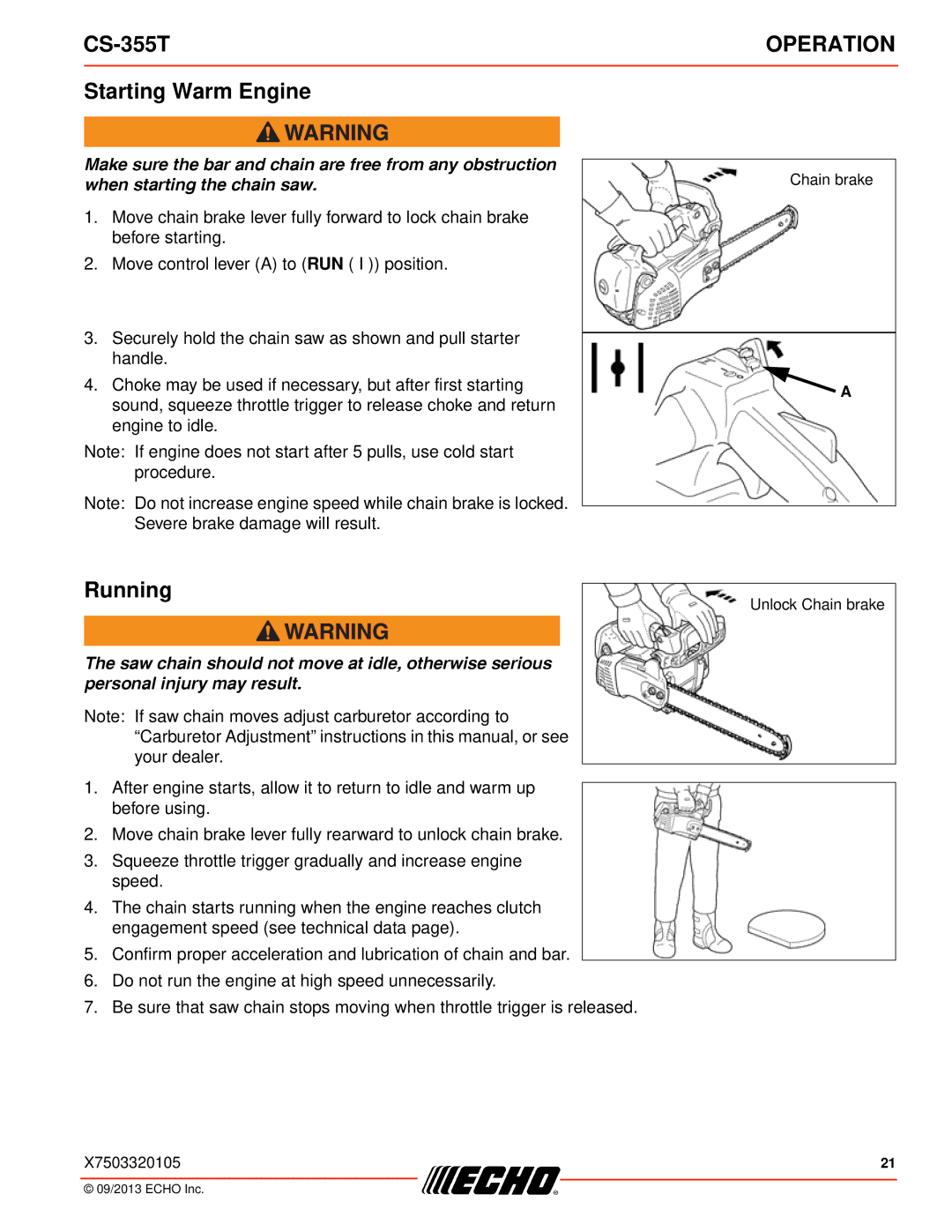 Echo CS-355T instruction manual Starting Warm Engine, Running 