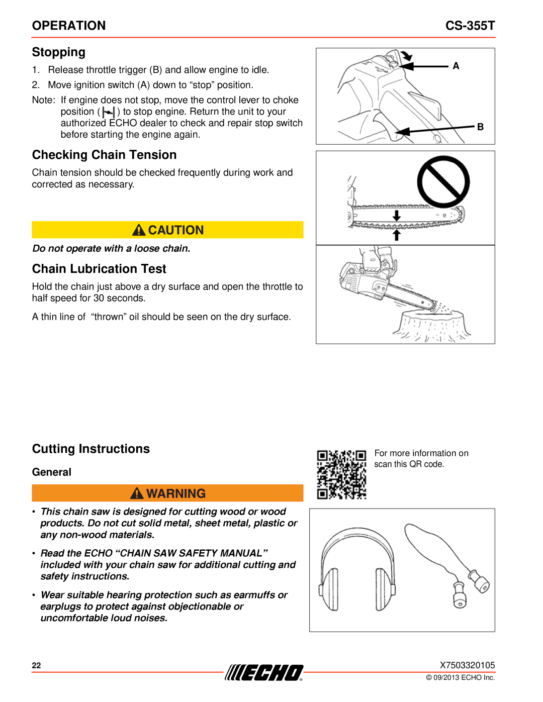 Echo CS-355T instruction manual Stopping, Checking Chain Tension, Chain Lubrication Test, Cutting Instructions, General 