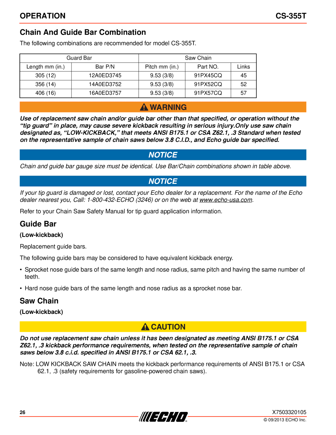 Echo CS-355T instruction manual Chain And Guide Bar Combination, Saw Chain 