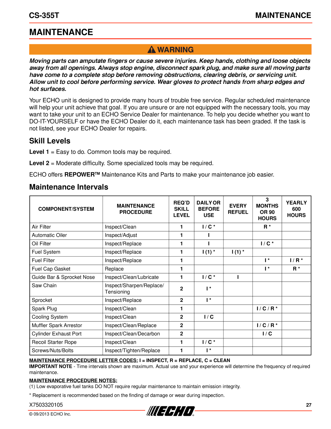 Echo CS-355T instruction manual Skill Levels, Maintenance Intervals 