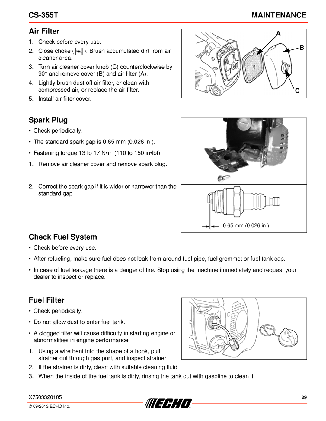 Echo CS-355T instruction manual Air Filter, Spark Plug, Check Fuel System, Fuel Filter 