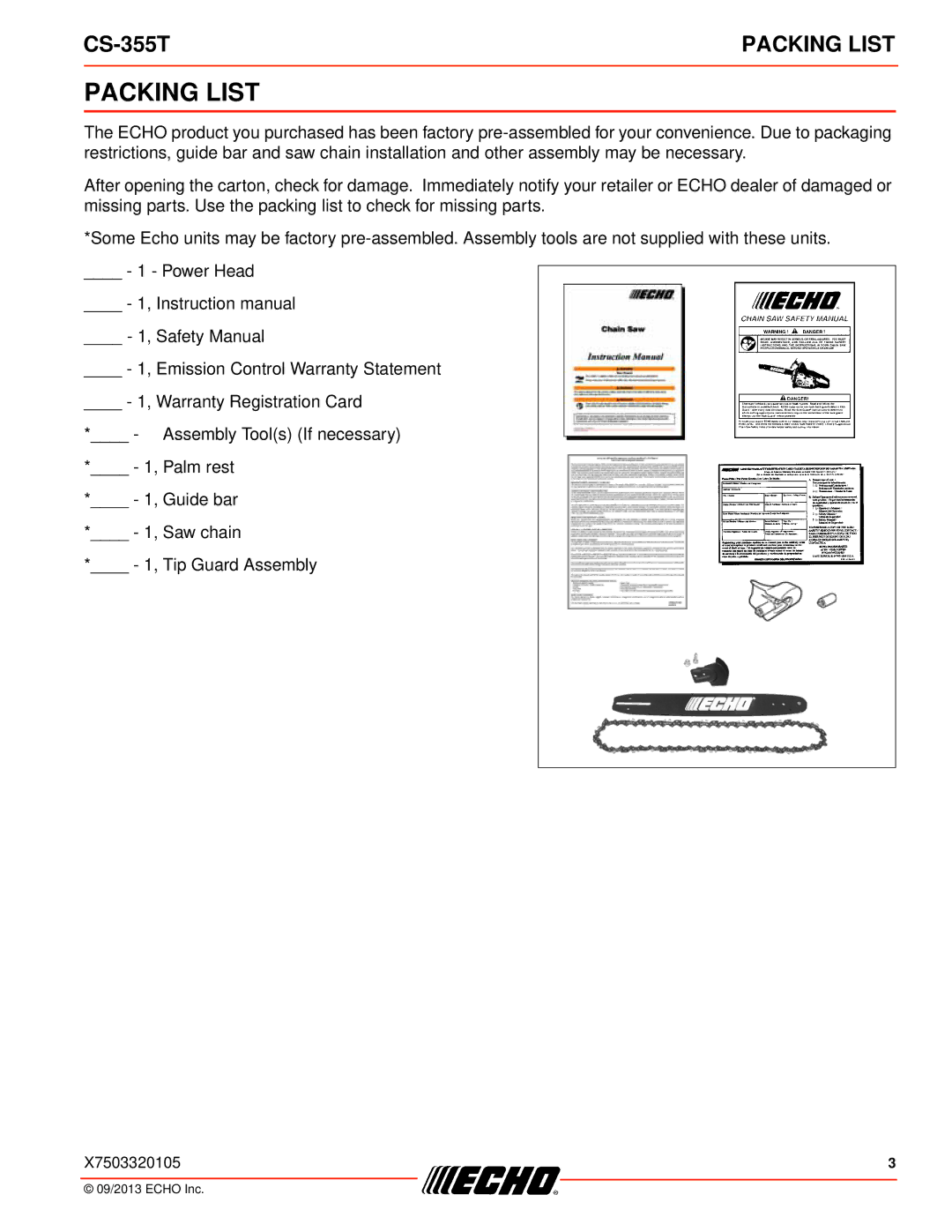 Echo CS-355T instruction manual Packing List 