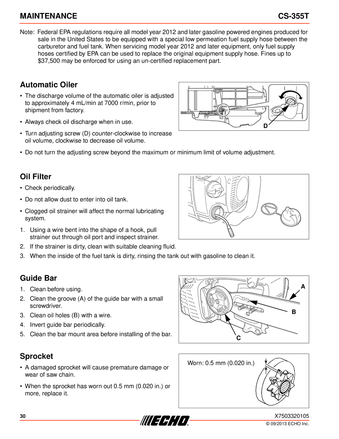 Echo CS-355T instruction manual Automatic Oiler, Oil Filter, Sprocket 