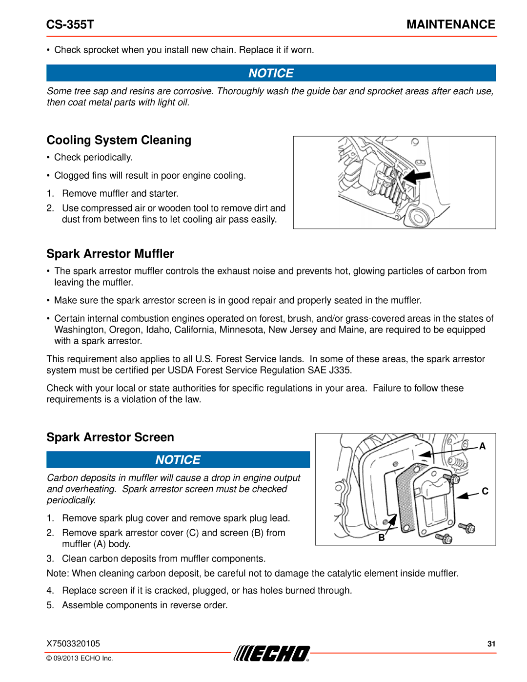 Echo CS-355T instruction manual Cooling System Cleaning, Spark Arrestor Muffler 