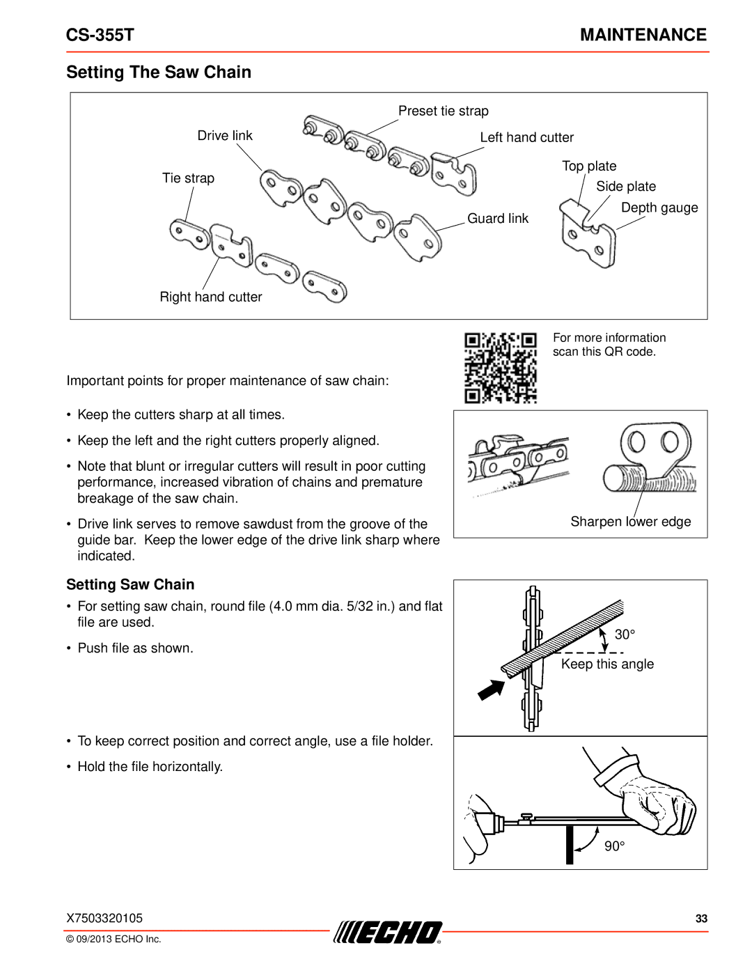 Echo CS-355T instruction manual Setting The Saw Chain, Setting Saw Chain 