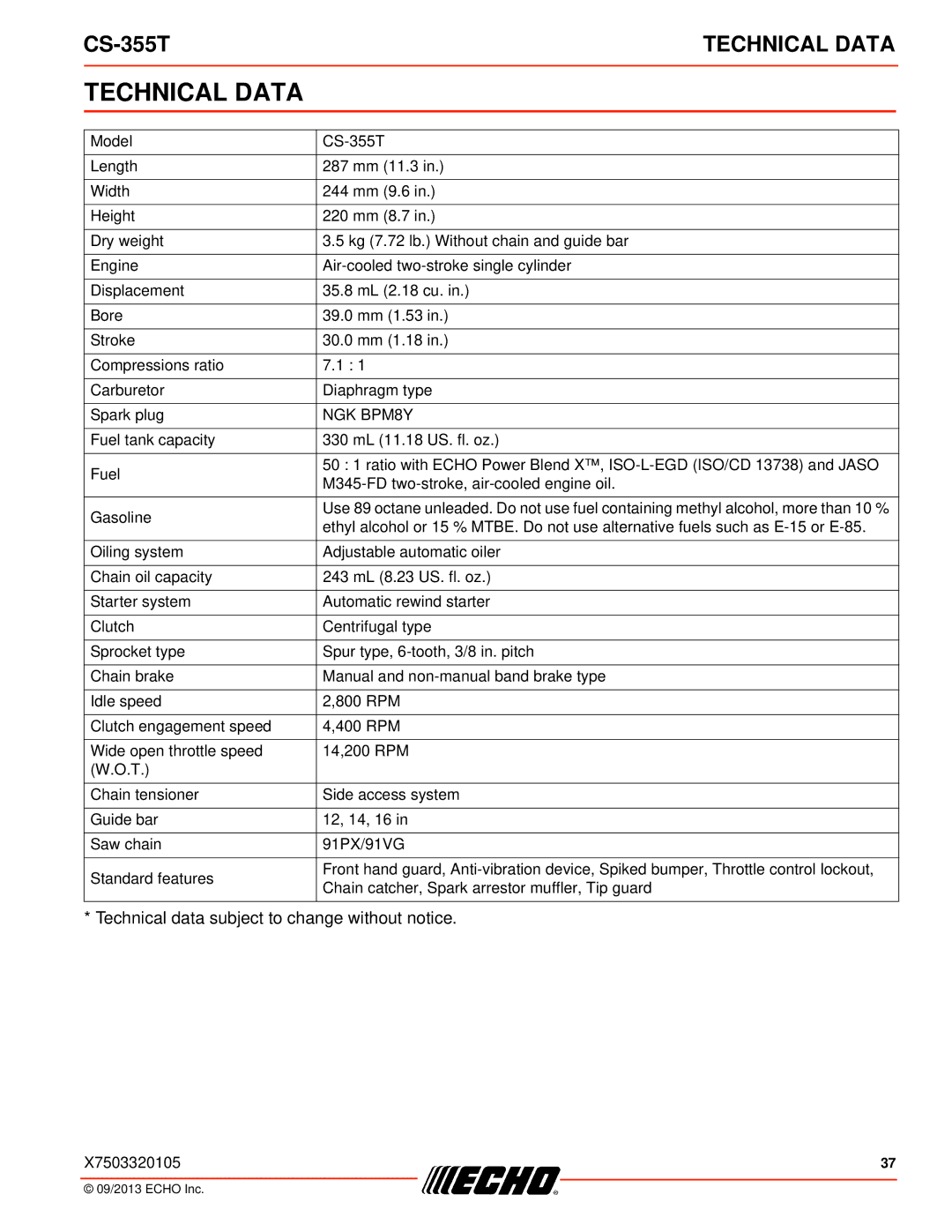 Echo CS-355T instruction manual Technical Data, NGK BPM8Y 