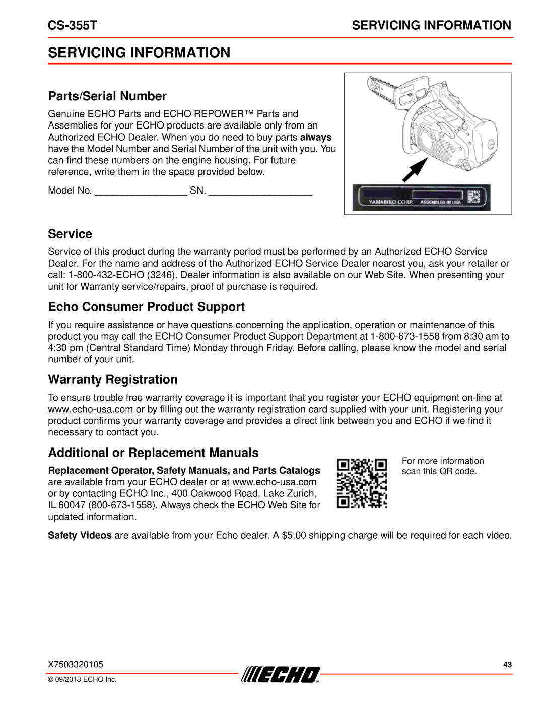 Echo CS-355T instruction manual Servicing Information, Parts/Serial Number, Service, Echo Consumer Product Support 